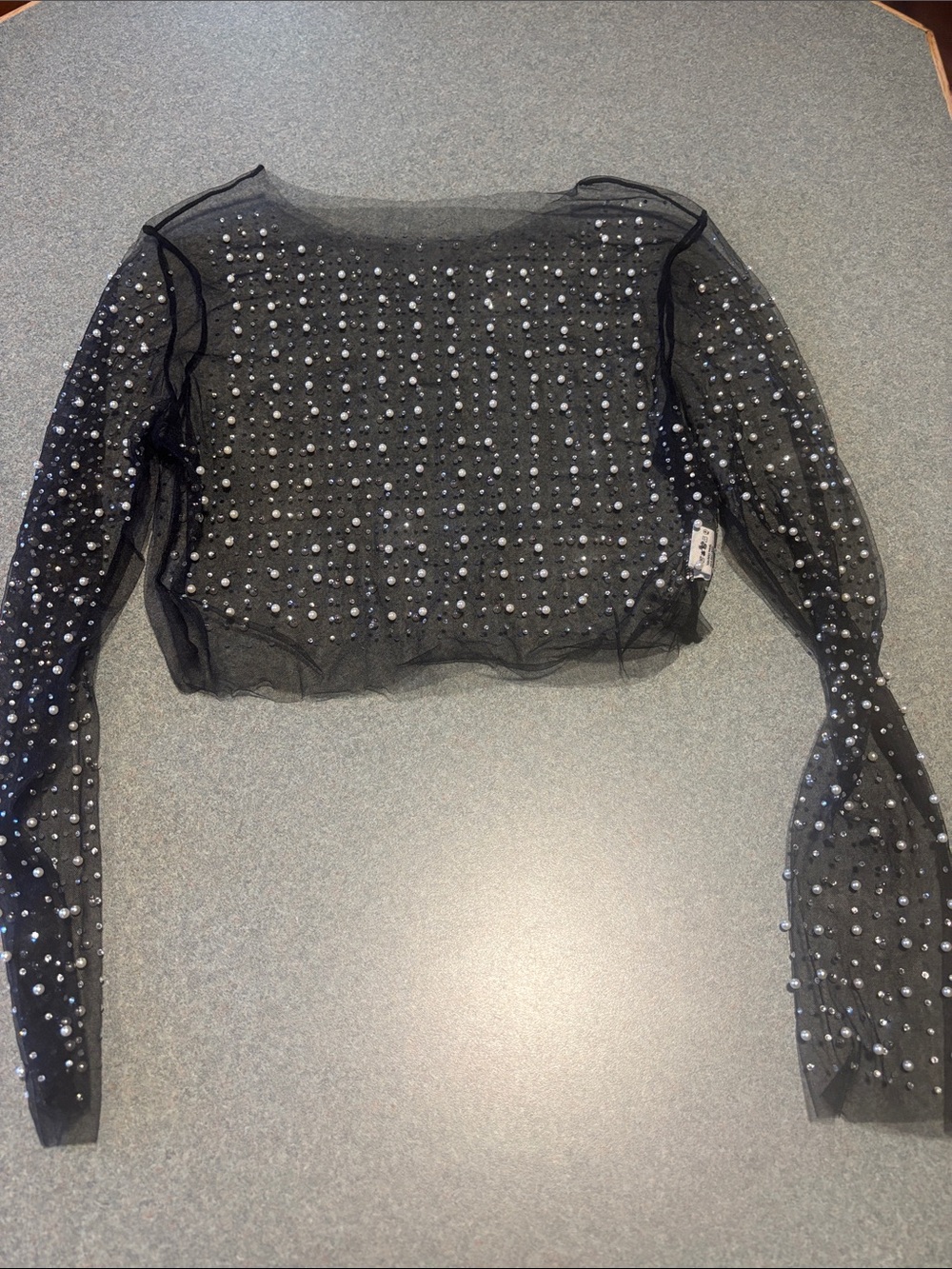 Sheer Black Pearl-Embellished Long-Sleeve Crop Top